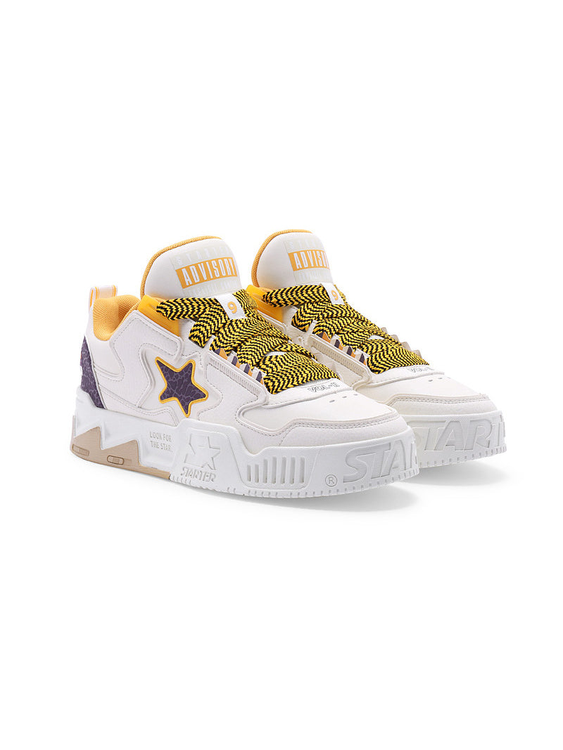 STARTER VOL 90S Purple Gold sneakers, clean studio pair view showing the layered star panels