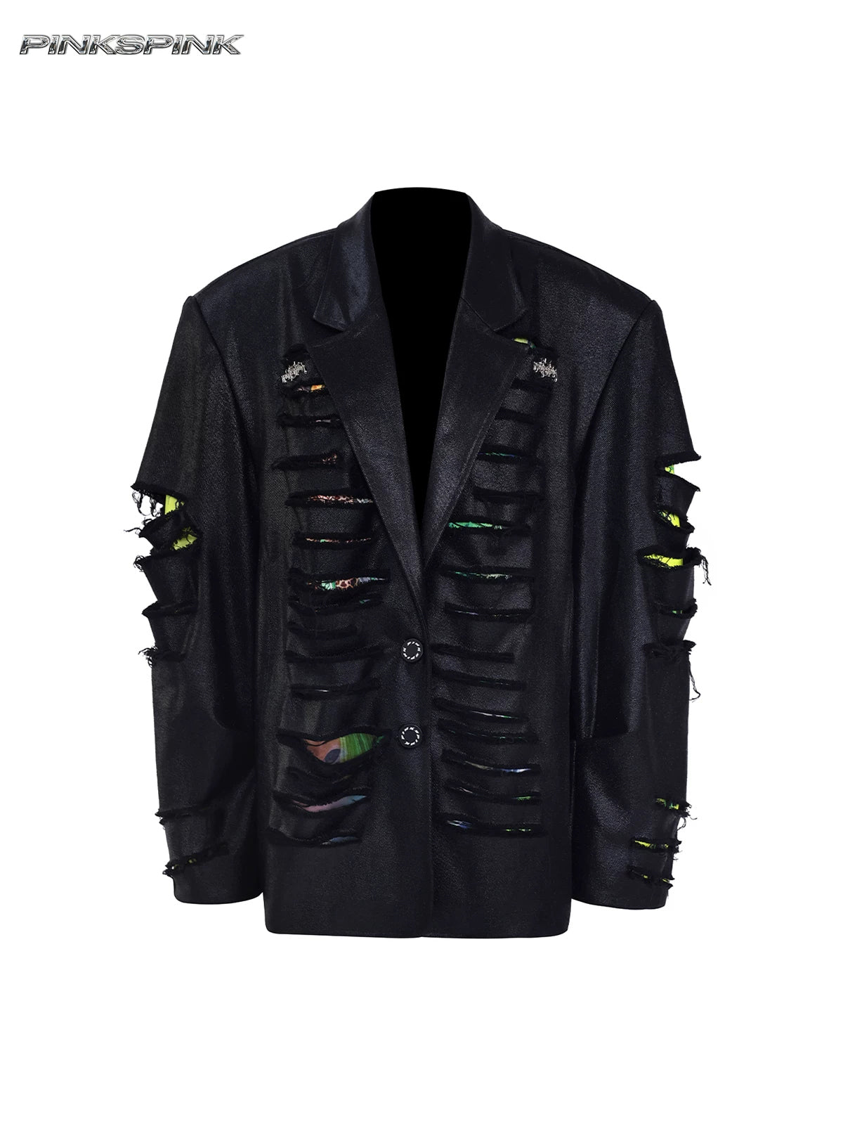 PINKSPINK BREACH distressed coated oversized blazer in black — garment-only front view showing the coated finish and printed fabric beneath the slashes