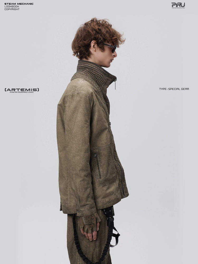 GAIA gravel brown open-collar technical robe — opposite side profile modeled view
