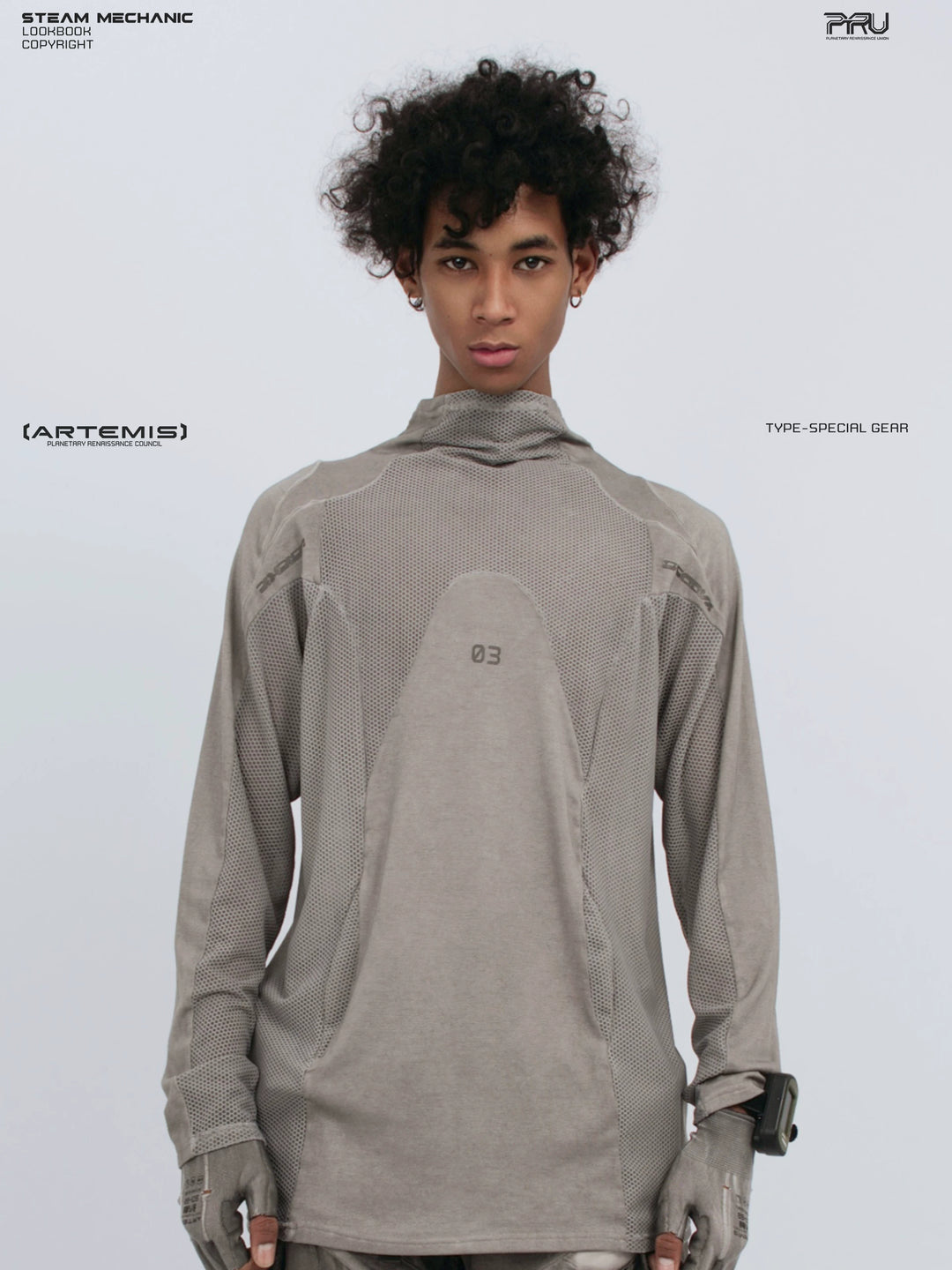 STARCORE mesh-panel long-sleeve top in dusk cloud gray — front modeled close-up showing raised collar and curved chest panel