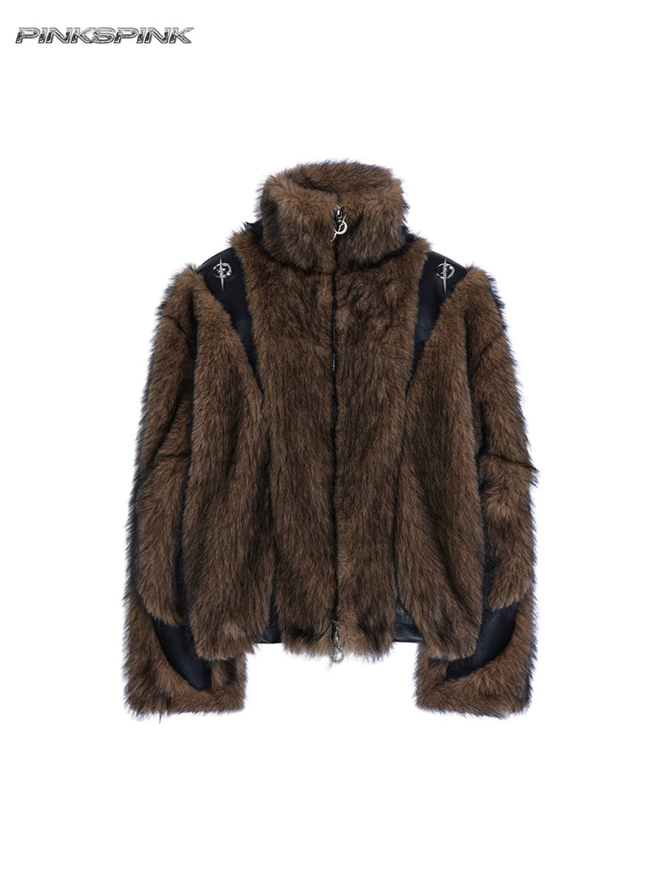 PINKSPINK ELECTRIC MOON paneled faux-fur jacket — front garment-only view