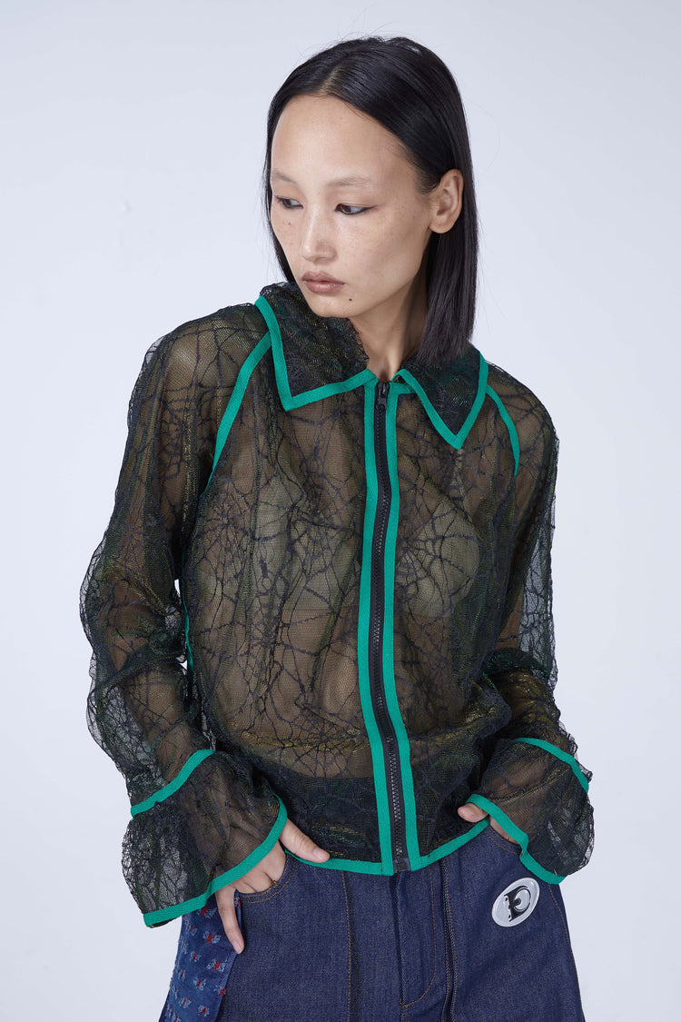 EMBRYO SPIDERWEB tearaway sheer shirt — material and hardware detail
