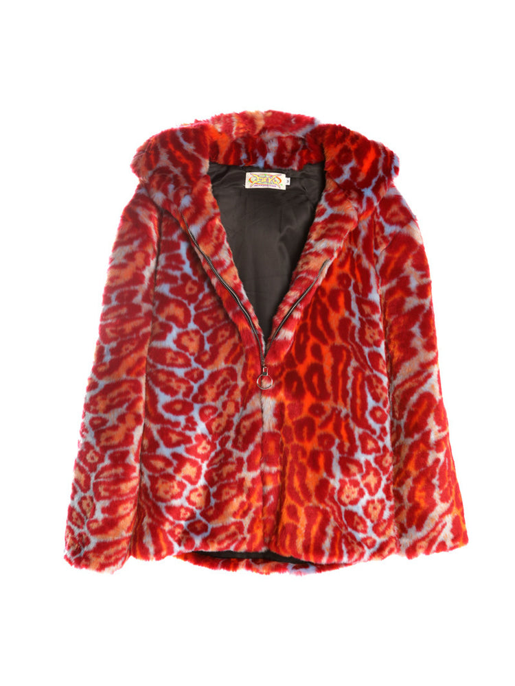 DeadEndKids leopard-print faux-fur hooded jacket in orange blue — front garment-only view with hood down