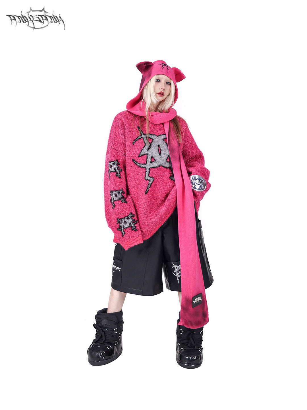 PINKSPINK SPHYNX cat-ear hooded scarf — alternate modeled view showing the silhouette