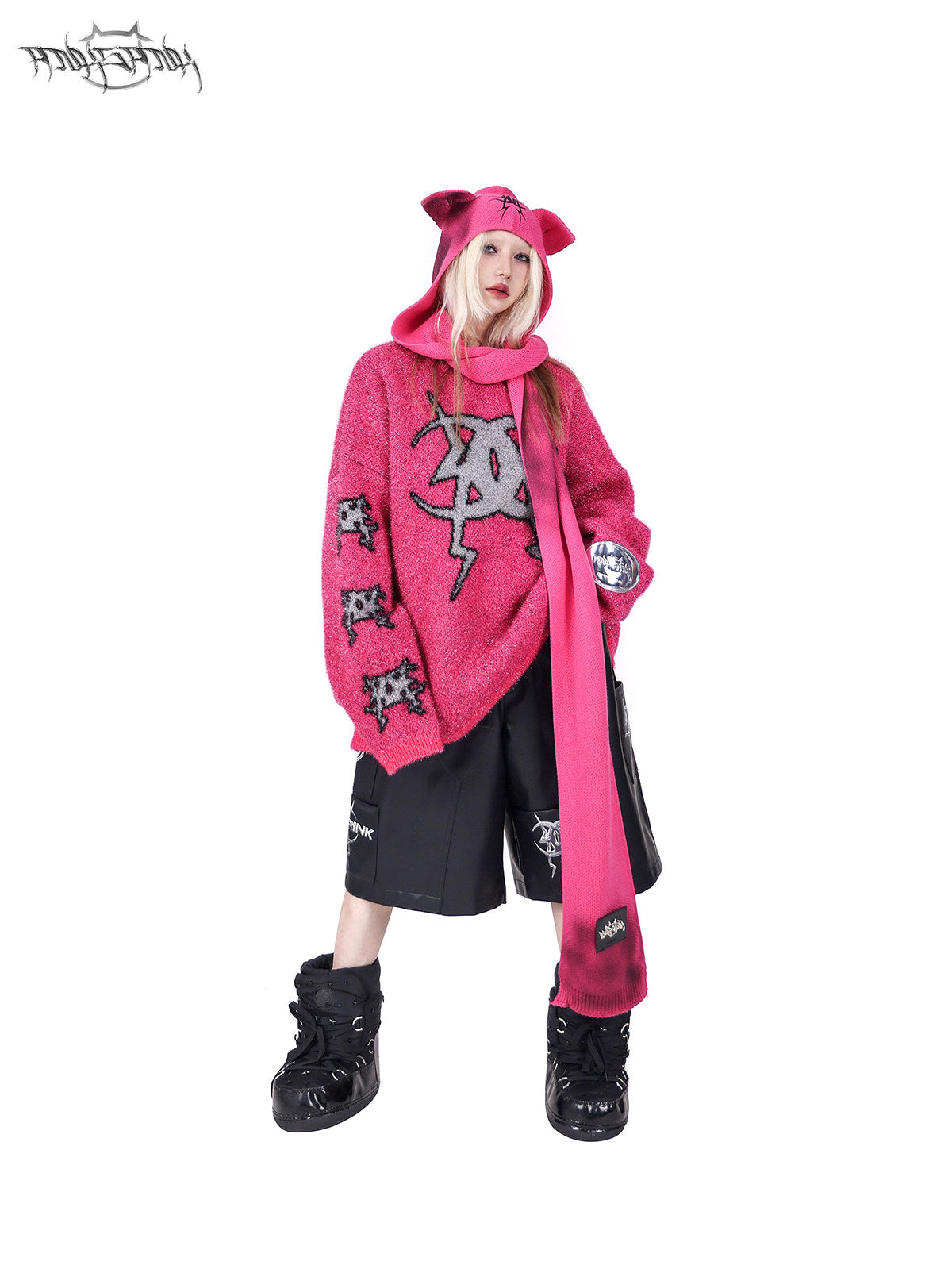 PINKSPINK SPHYNX cat-ear hooded scarf — alternate modeled view showing the silhouette
