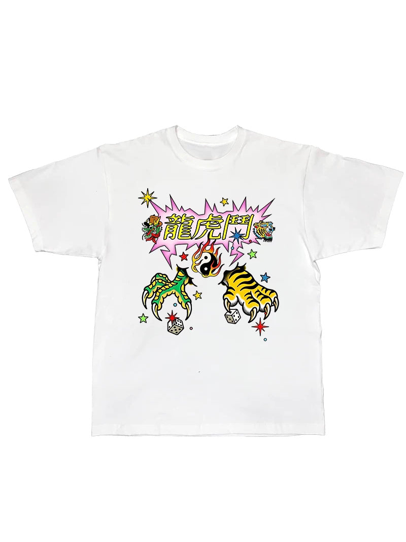 DEADENDKIDS TIGER DRAGON oversized graphic tee — alternate modeled angle