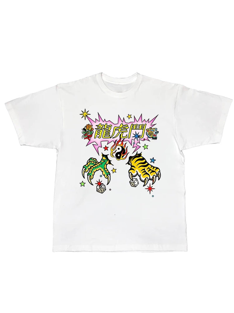DEADENDKIDS TIGER DRAGON oversized graphic tee — alternate modeled angle