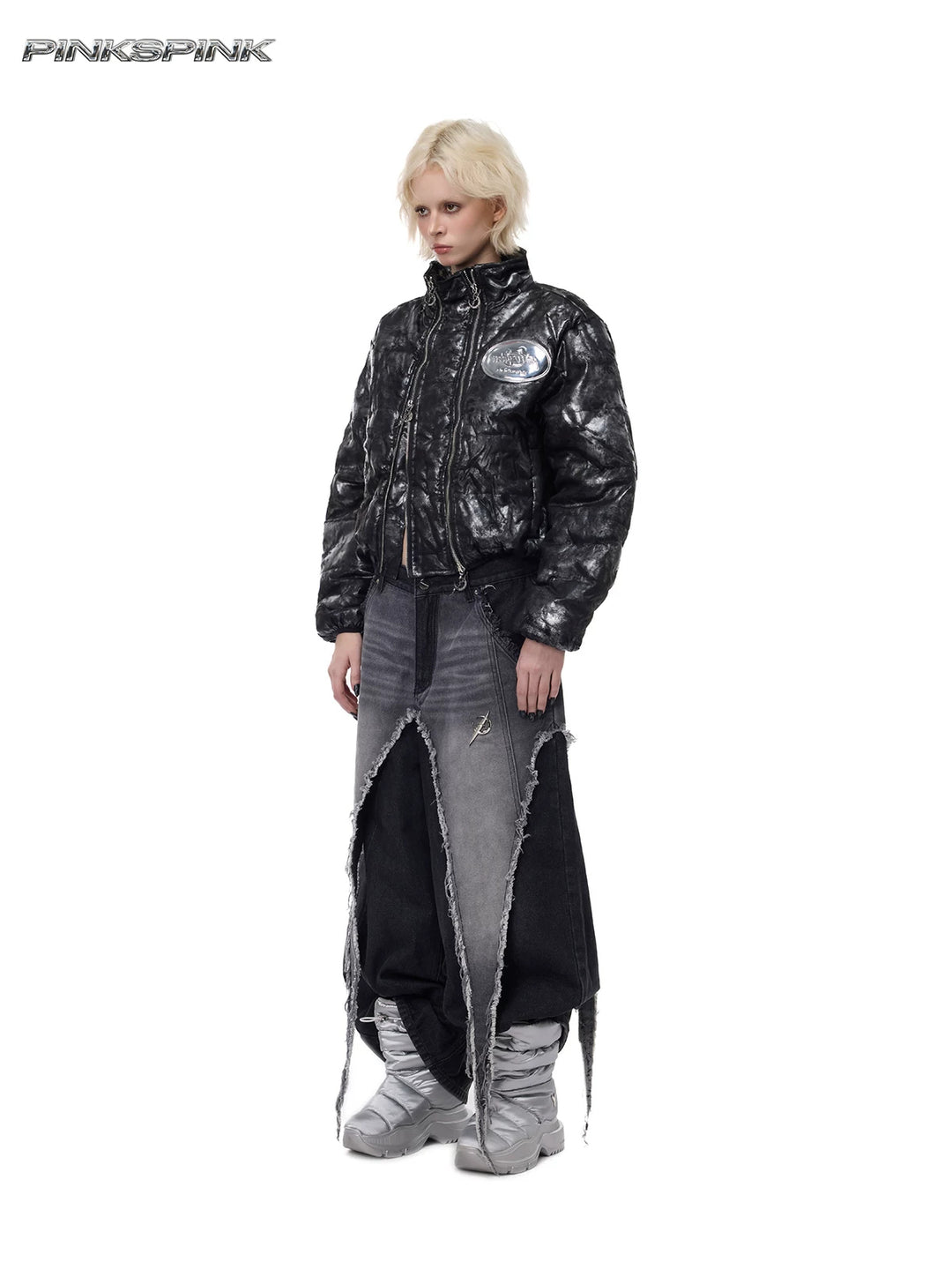 PINKSPINK ELECTRIC MOON metallic cropped puffer jacket — full-length styling with wide-leg jeans