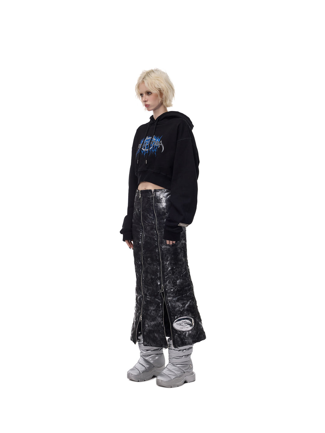 PINKSPINK ELECTRIC MOON metallic double-zip maxi skirt — side view styled with cropped hoodie