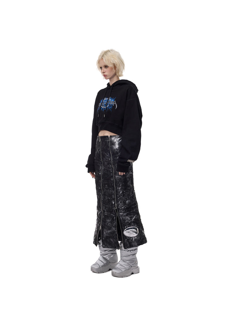 PINKSPINK ELECTRIC MOON metallic double-zip maxi skirt — side view styled with cropped hoodie