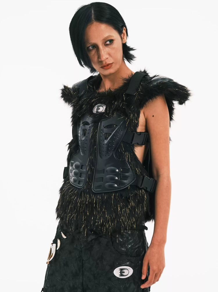 EMBRYO GOLD MECHA long-pile armored vest — three-quarter modeled view