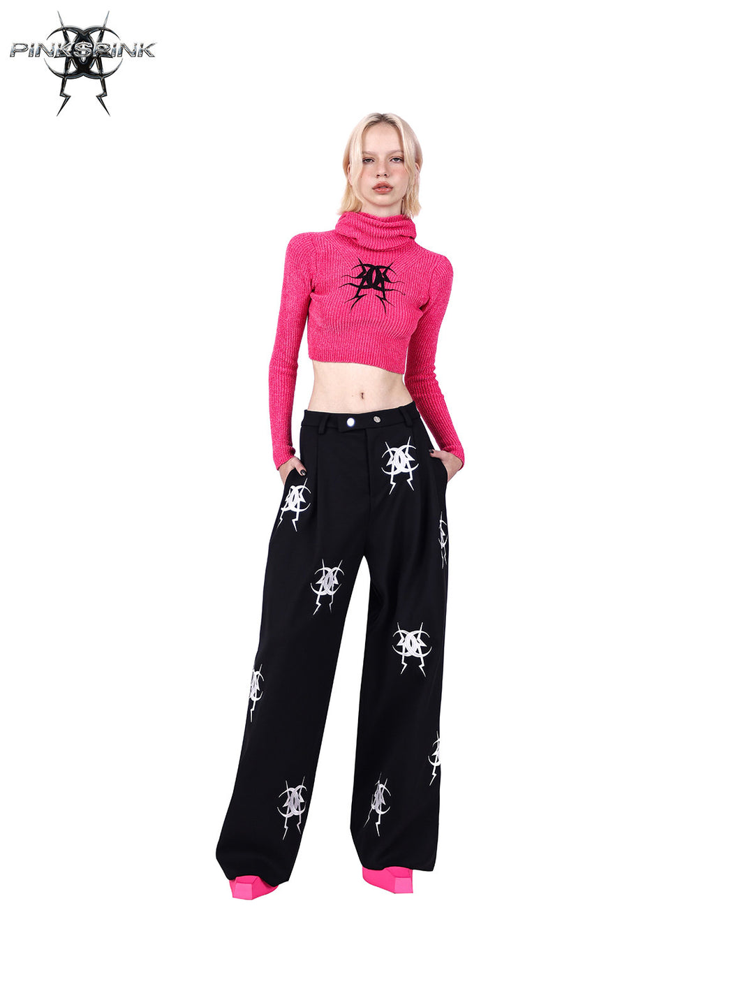 PINKSPINK ELECTRIC MOON fitted cat-ear hood sweater — modeled front styling view