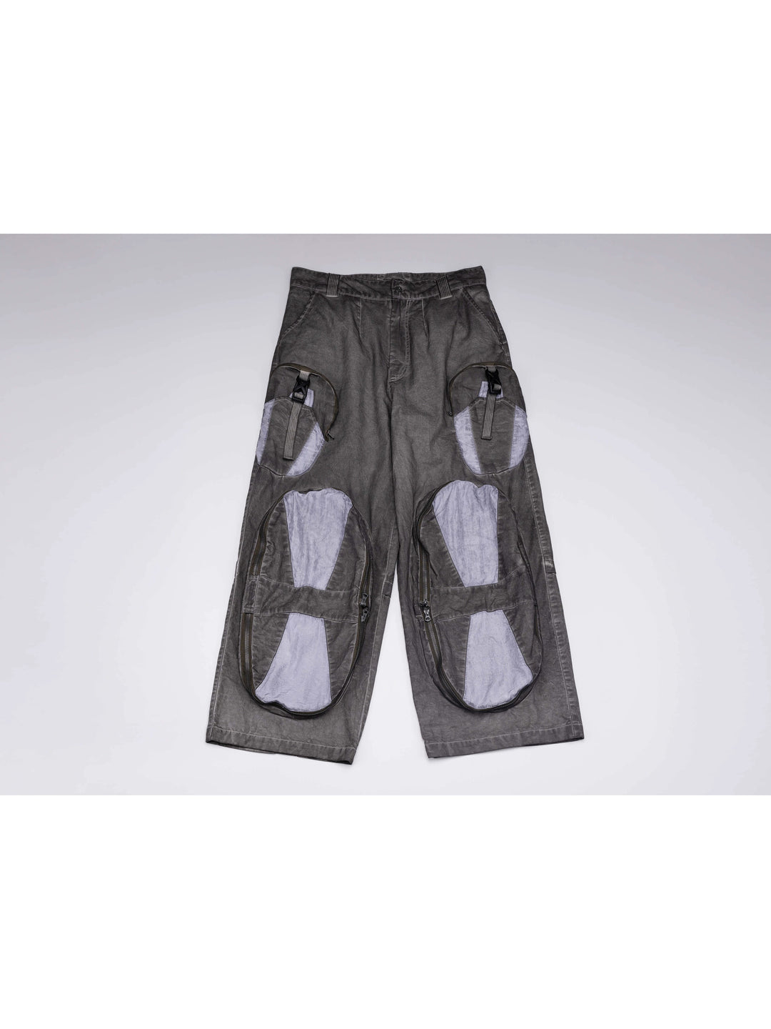 PIONEER moon dust gray welded multi-pocket work pants — front flat-lay view showing contrast zip-edged knee panels and buckled thigh pouches