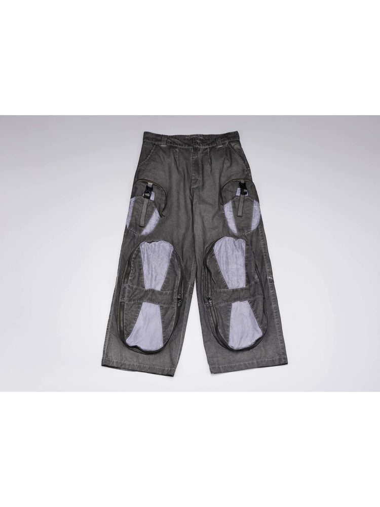 PIONEER moon dust gray welded multi-pocket work pants — front flat-lay view showing contrast zip-edged knee panels and buckled thigh pouches