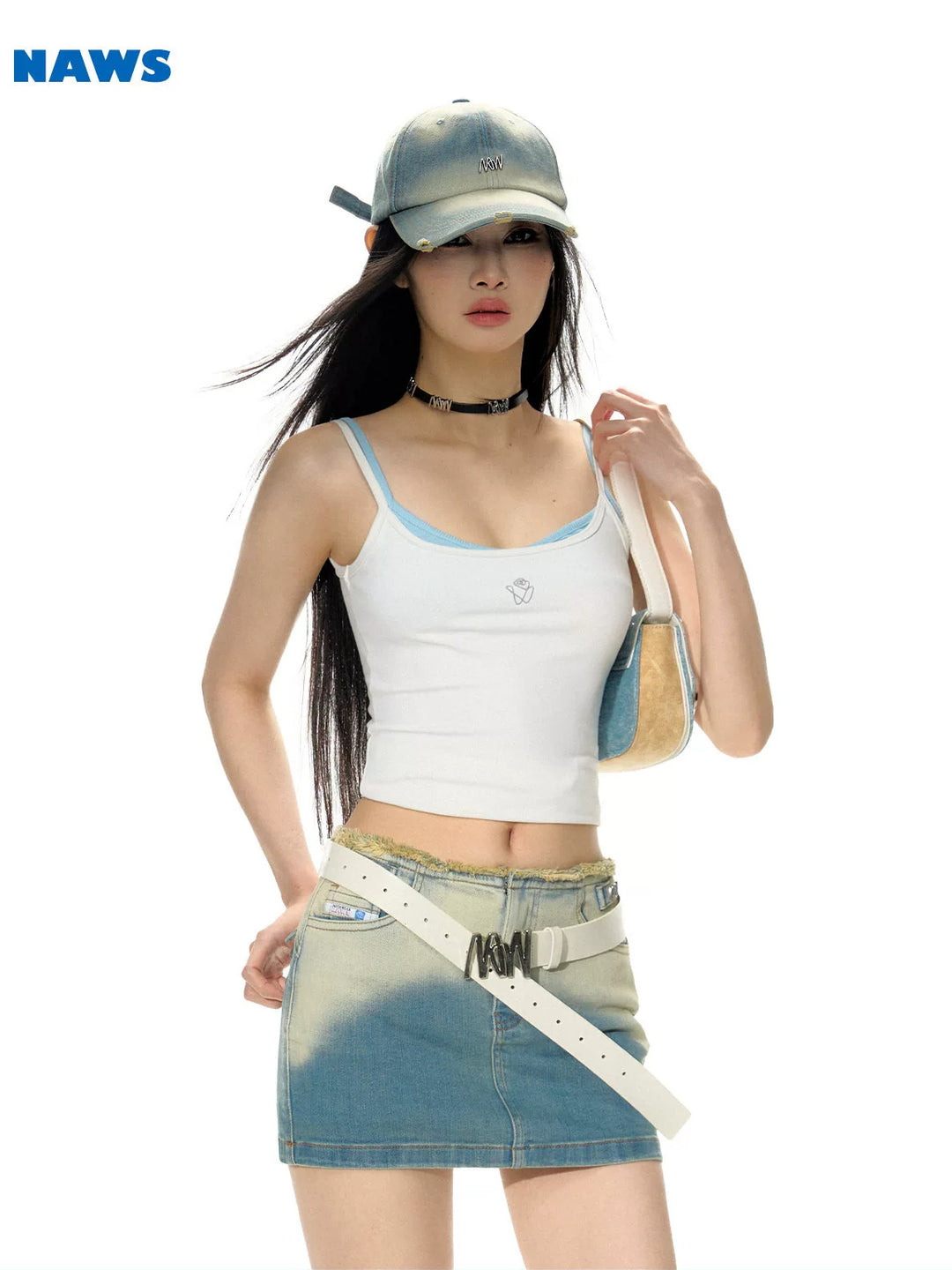 NAWS ECLIPSE gradient denim mini skirt — cleaned hero collage showing the complete design