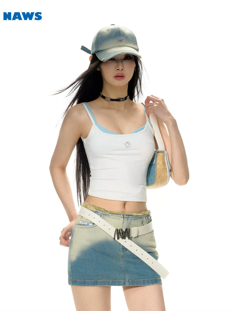 NAWS ECLIPSE gradient denim mini skirt — cleaned hero collage showing the complete design