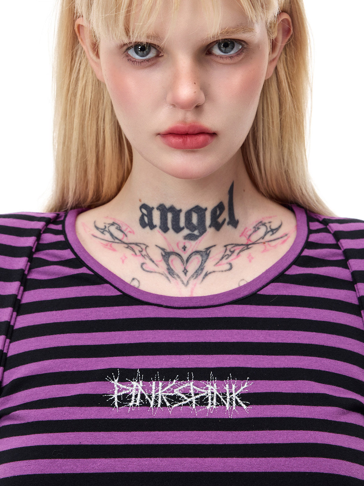 PINKSPINK GHOSTHAND striped glove-sleeve tee in purple and black — close-up of the rounded neckline, striped cotton fabric and embroidered chest logo
