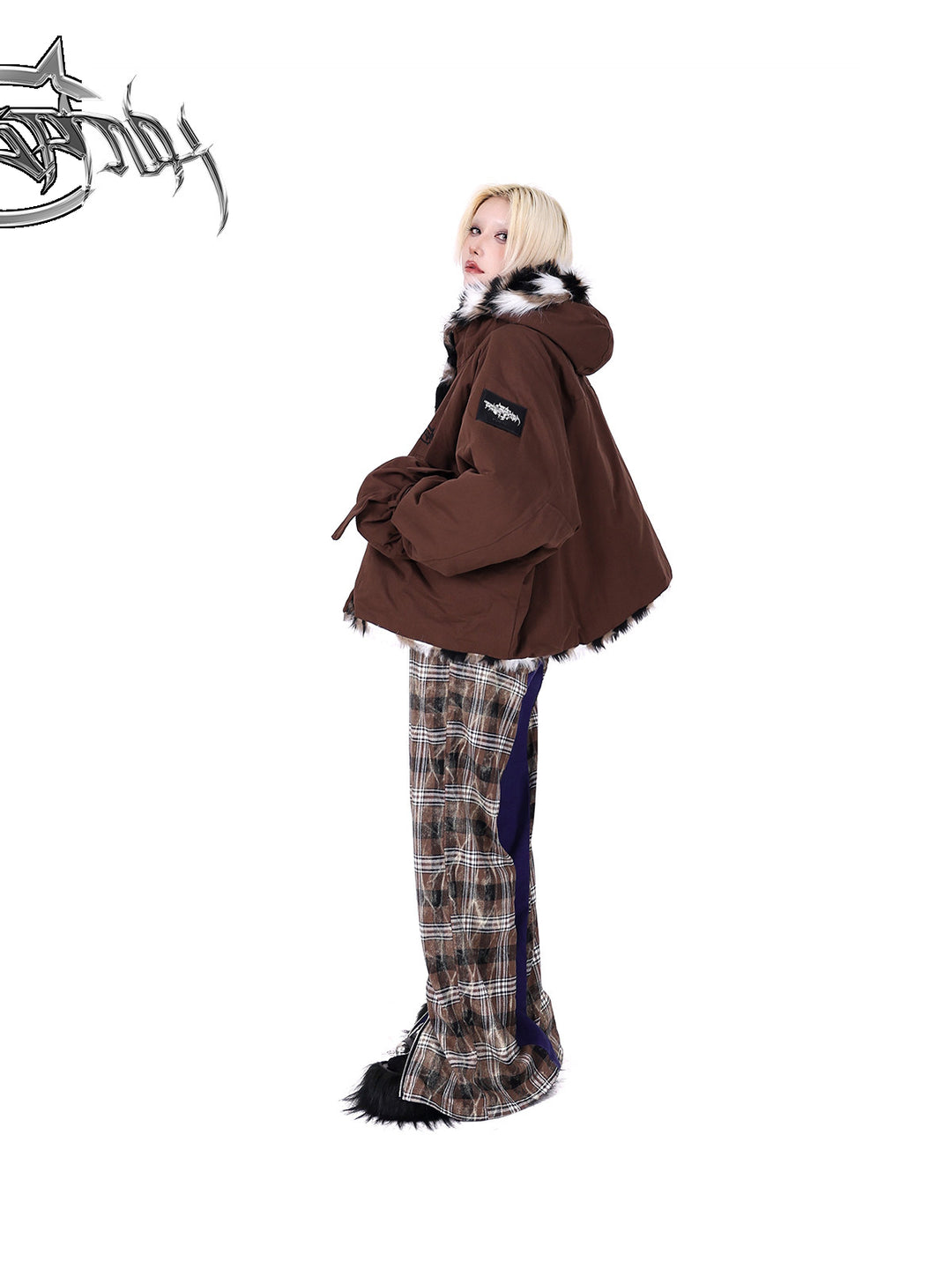 PINKSPINK DNA purple plaid split-panel wide-leg pants — side full-length modeled view with zip hems closed