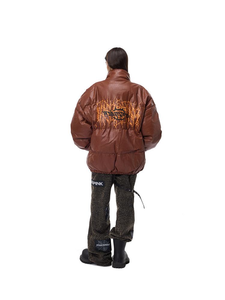 PINKSPINK MOTORBLOC padded faux-leather jacket — caramel brown back full-length view