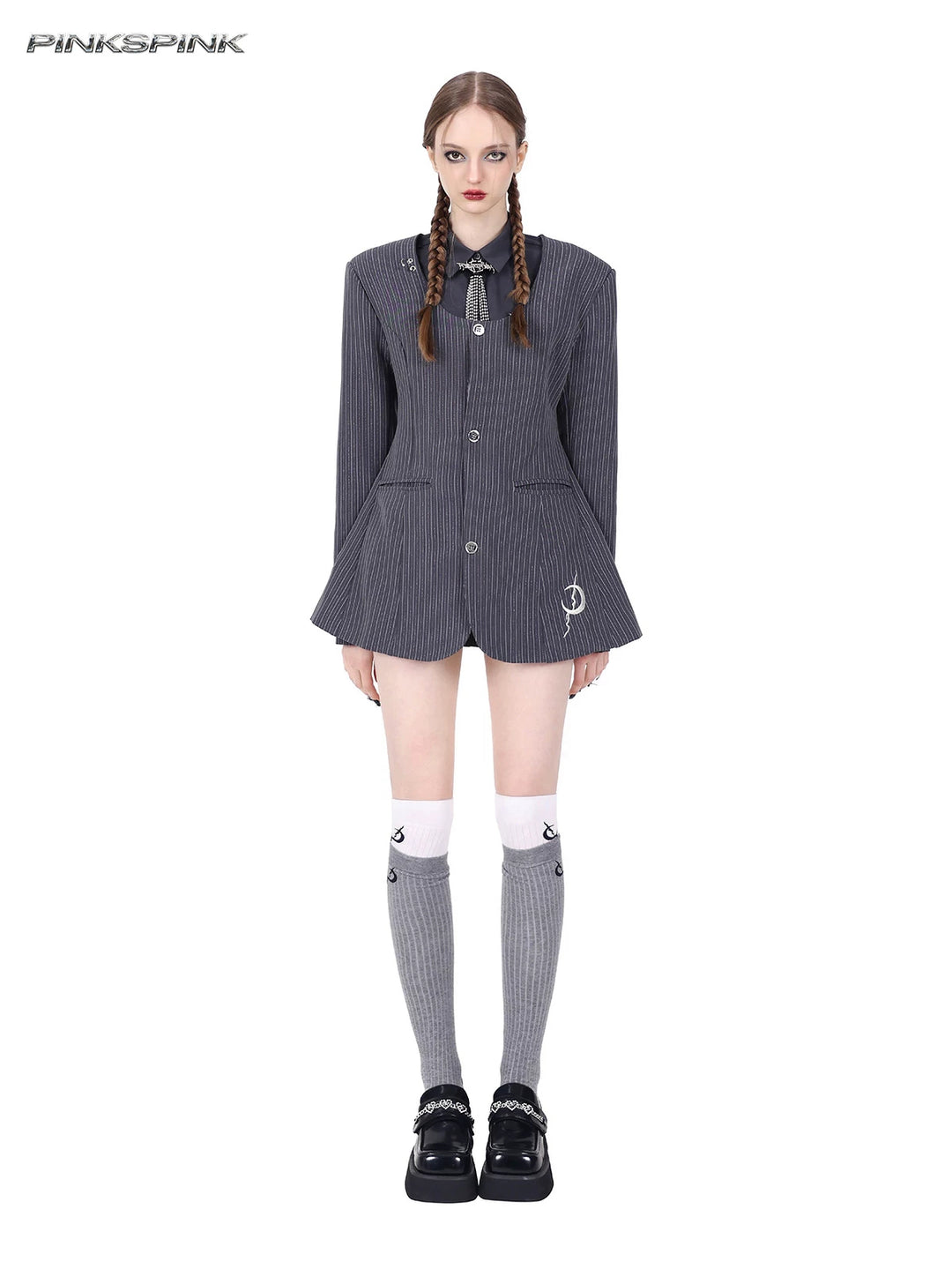 PINKSPINK ELECTRIC MOON sculpted cropped cotton shirt in gray — full-length outfit view layered under a separate pinstripe blazer