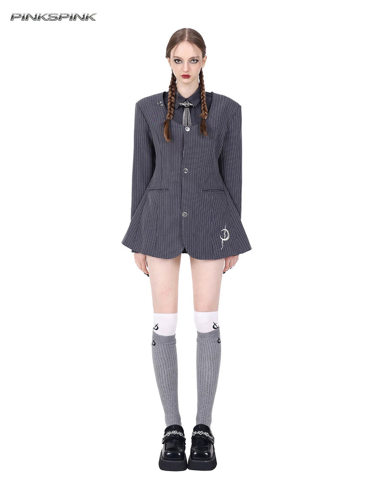 PINKSPINK ELECTRIC MOON sculpted cropped cotton shirt in gray — full-length outfit view layered under a separate pinstripe blazer