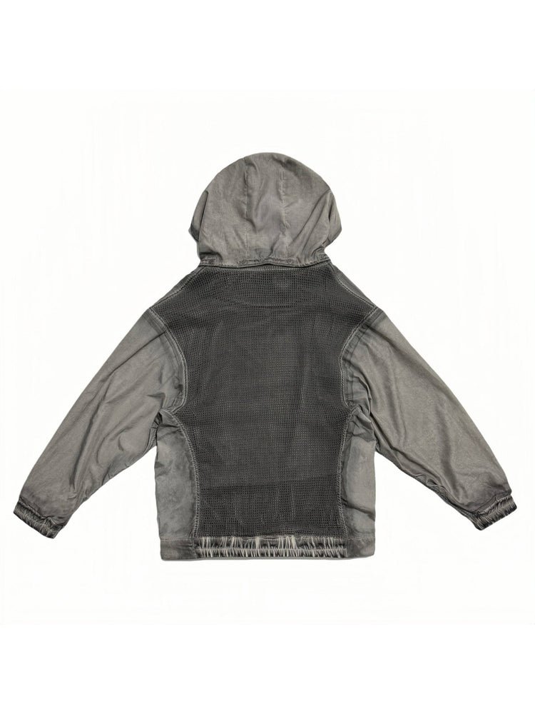 PIONEER meteorite-gray mesh hoodie — back flat-lay showing the large mesh panel and elasticated hem