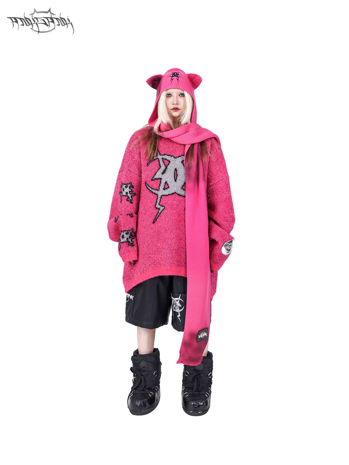 PINKSPINK SPHYNX cat-ear hooded scarf — product detail view showing texture and hardware