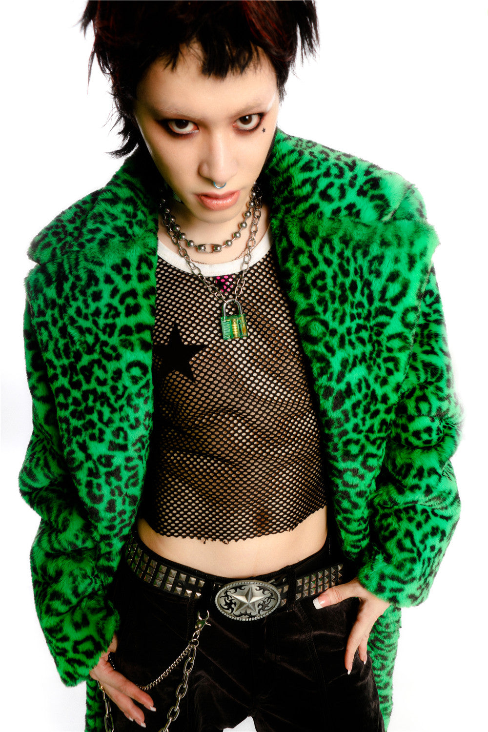 DEADENDKIDS LEOPARD RIOT long faux-fur coat & hat — full-length modeled view
