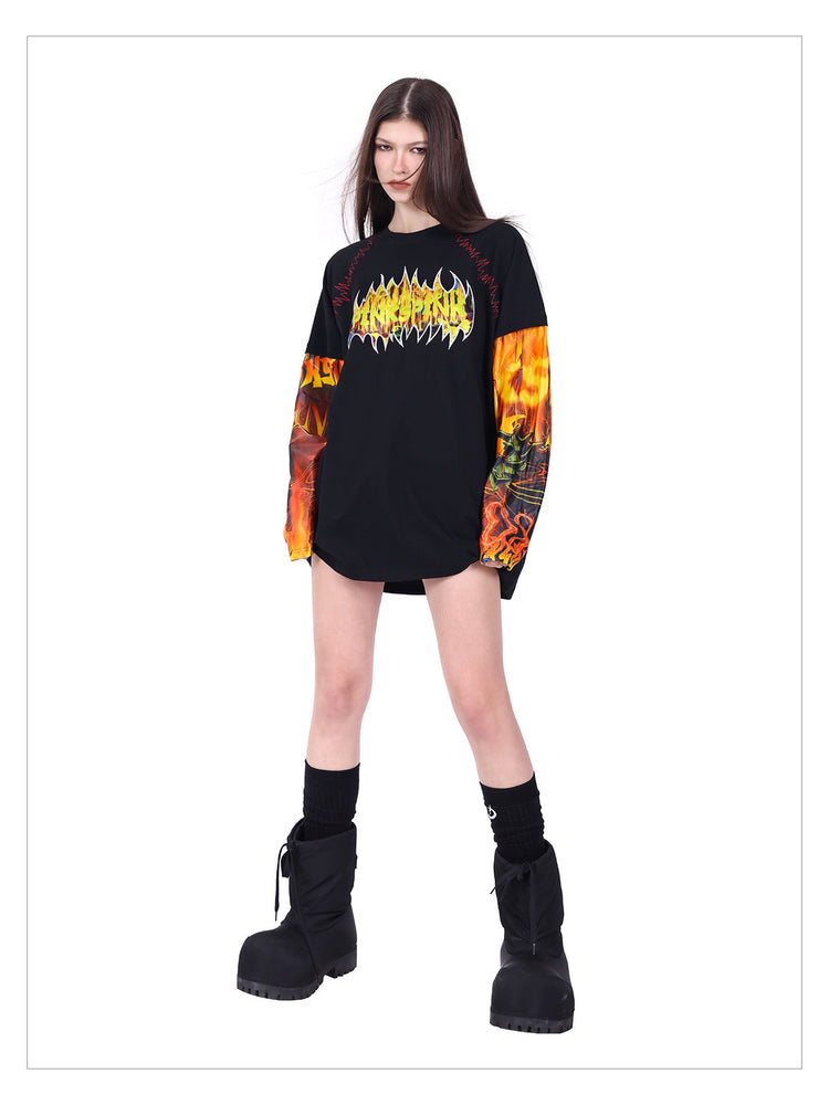 PINKSPINK FIRE CAT layered-sleeve graphic tee — cleaned hero collage showing the complete design
