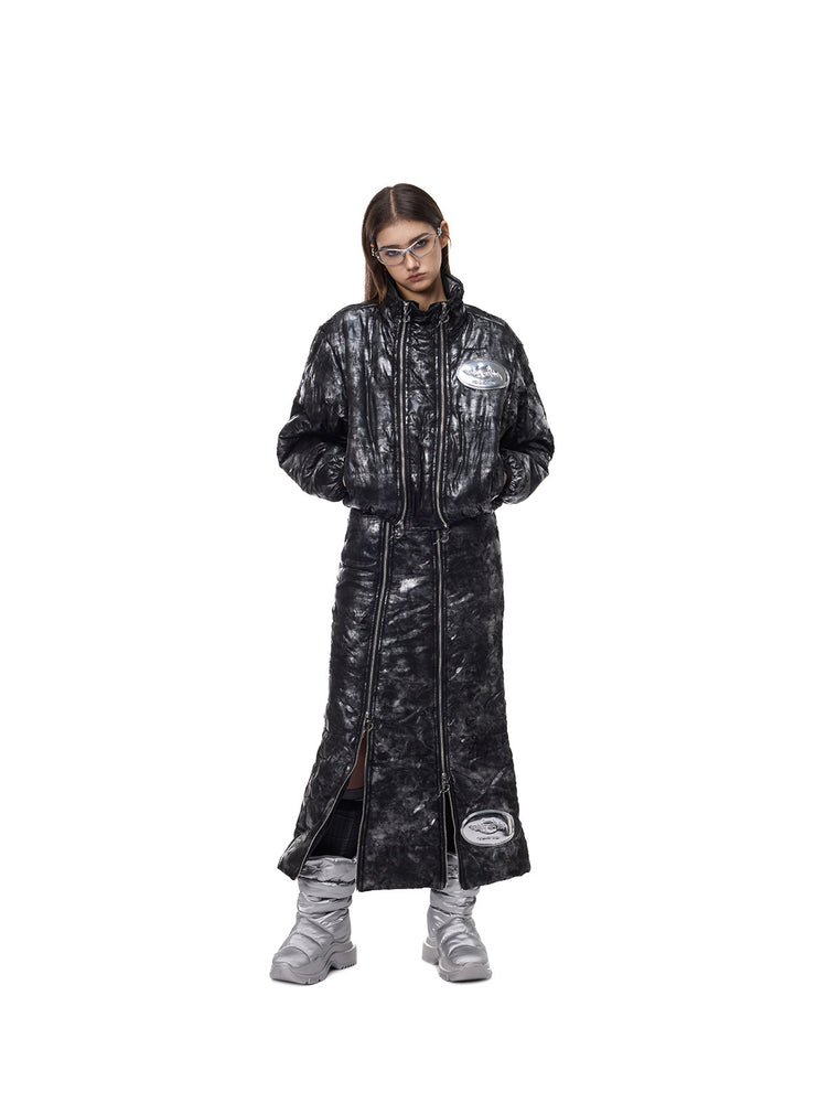 PINKSPINK ELECTRIC MOON metallic cropped puffer jacket — front full-length view of matching outfit