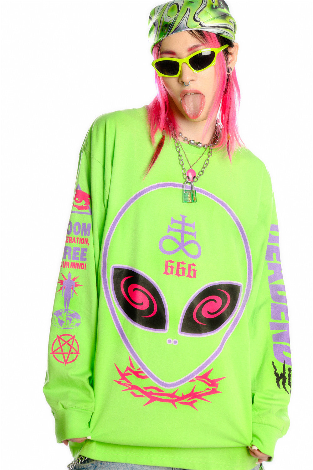 DEADENDKIDS ALIEN 666 neon graphic sweatshirt — material and print detail
