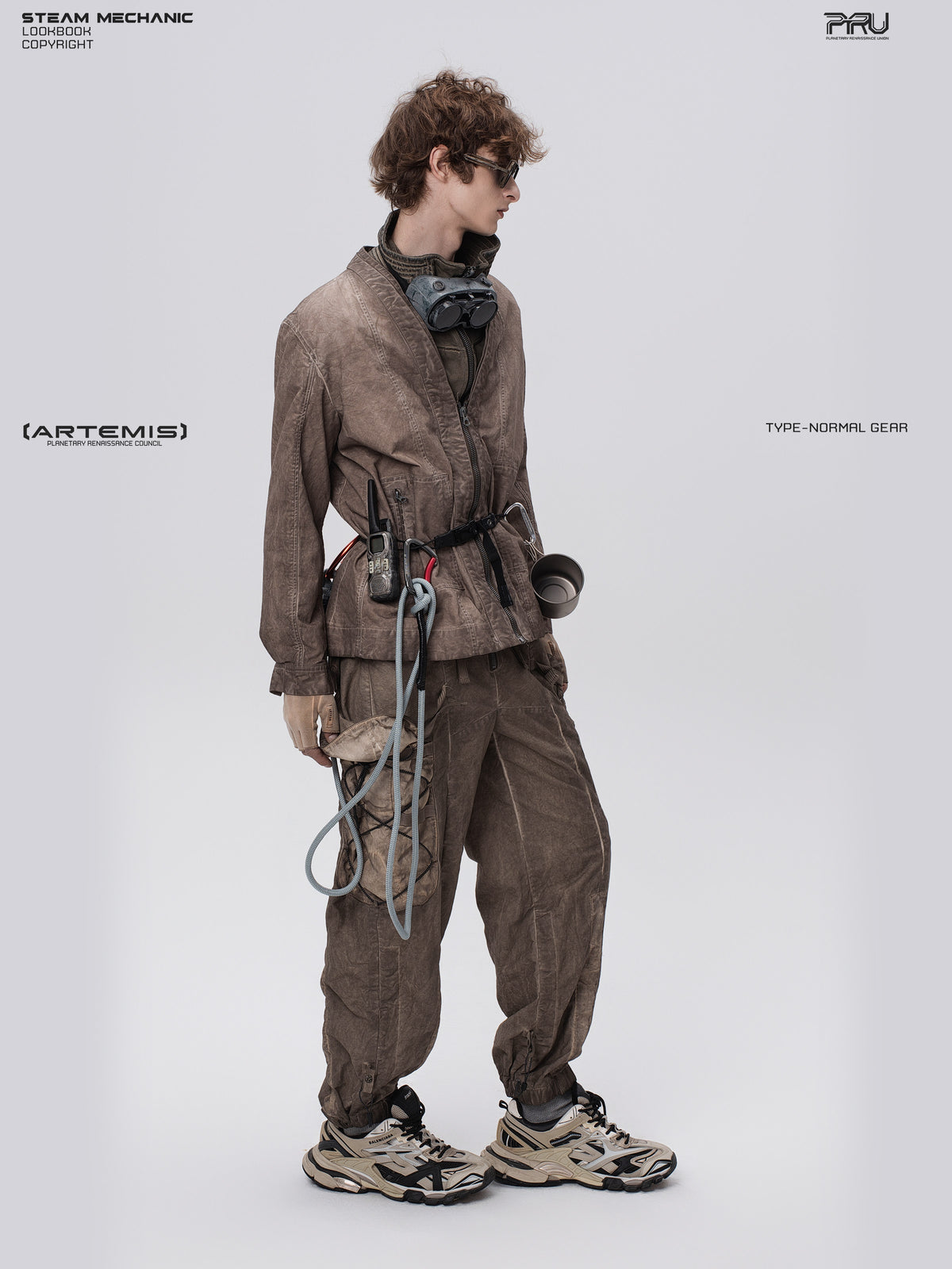 GAIA ochre brown open-collar technical robe — full-length three-quarter front view