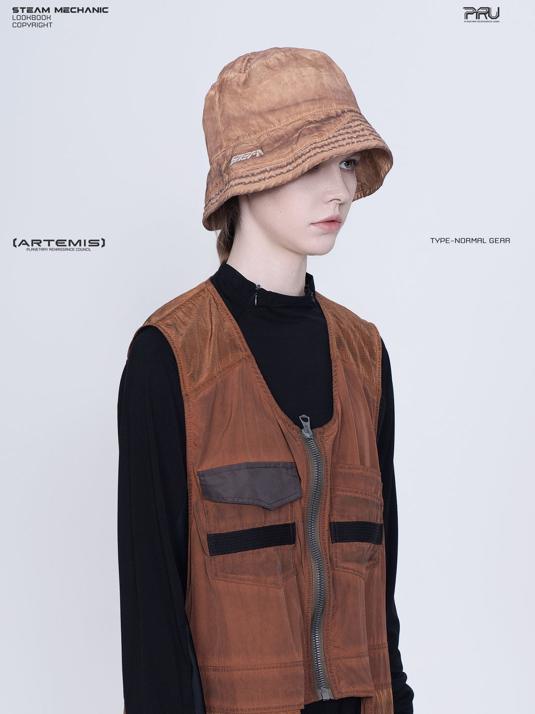 PIONEER venus orange distressed nylon bucket hat — right three-quarter portrait showing the brim logo