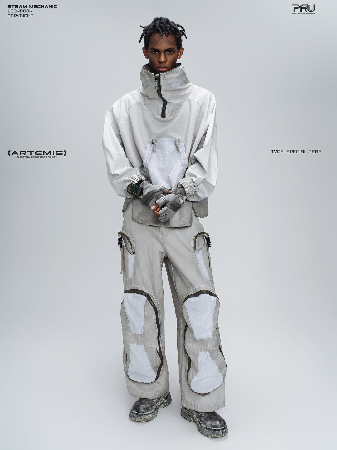 PIONEER eris white detachable-pocket utility hoodie in eris white — full-length front modeled view with hands clasped