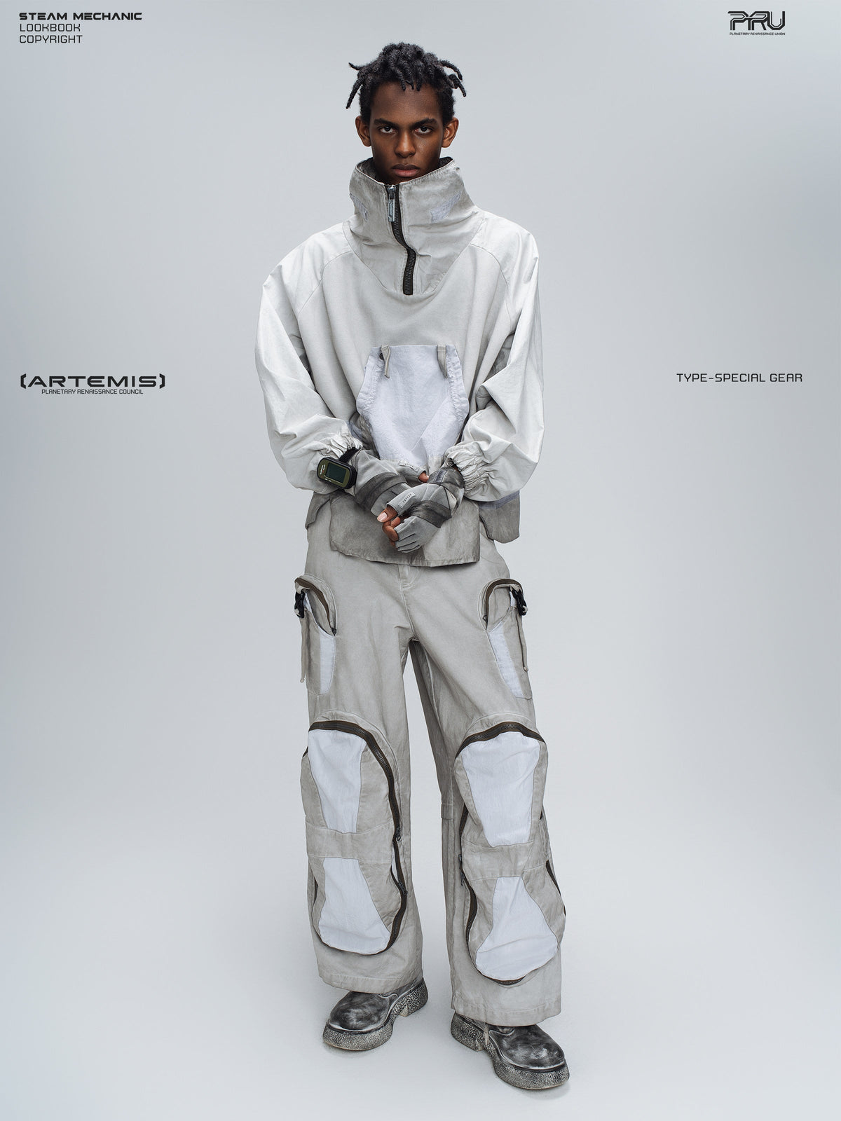 PIONEER eris white detachable-pocket utility hoodie in eris white — full-length front modeled view with hands clasped