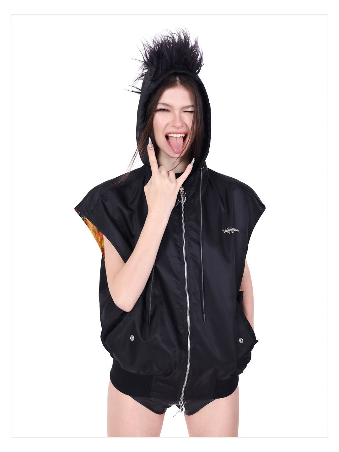 PINKSPINK FIRE CAT reversible mohawk hooded vest — modeled detail view of the garment construction