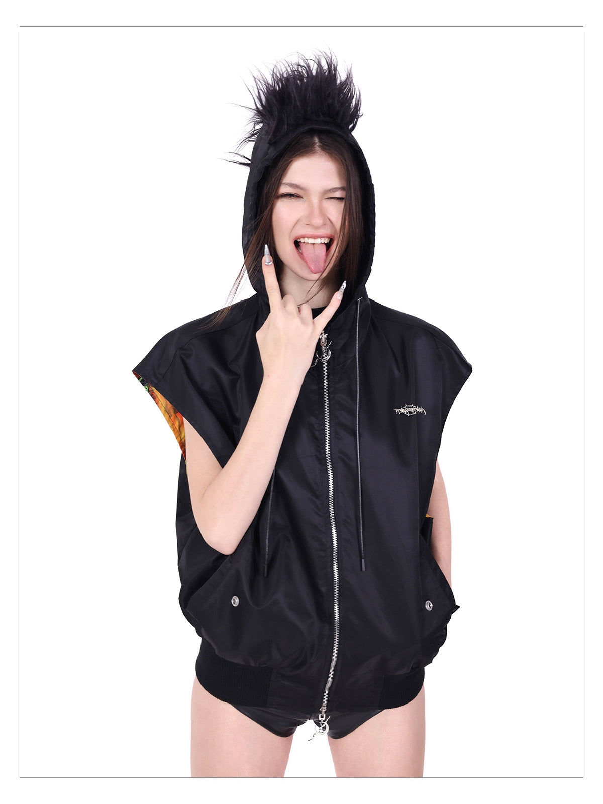 PINKSPINK FIRE CAT reversible mohawk hooded vest — modeled detail view of the garment construction