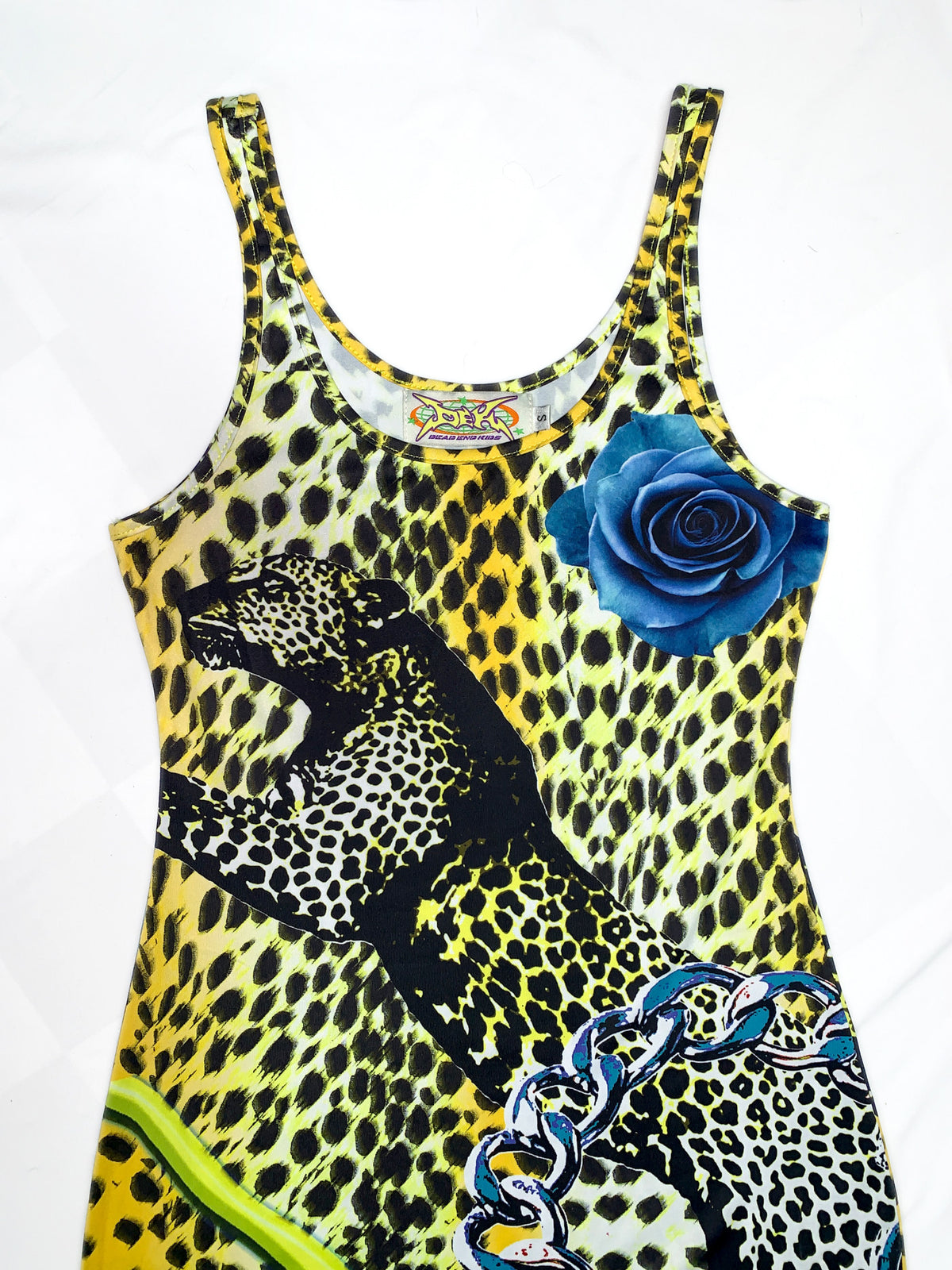 DEADENDKIDS LEOPARD ROSE fitted tank maxi dress — material and print detail