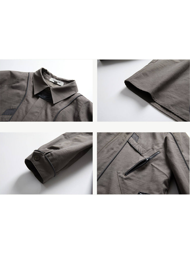 ERRORCODE ROBOT taupe tech work shirt — collar, hem, cuff and zipper construction details