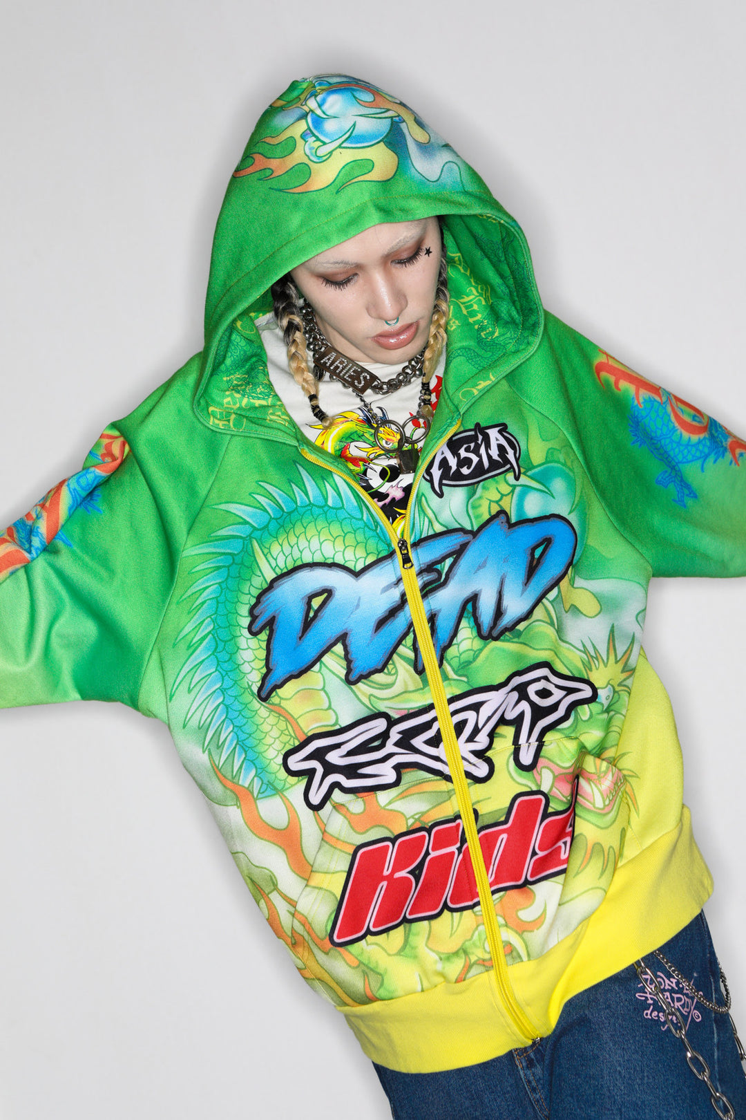 DEADENDKIDS DRAGON RIOT fleece zip hoodie — construction detail