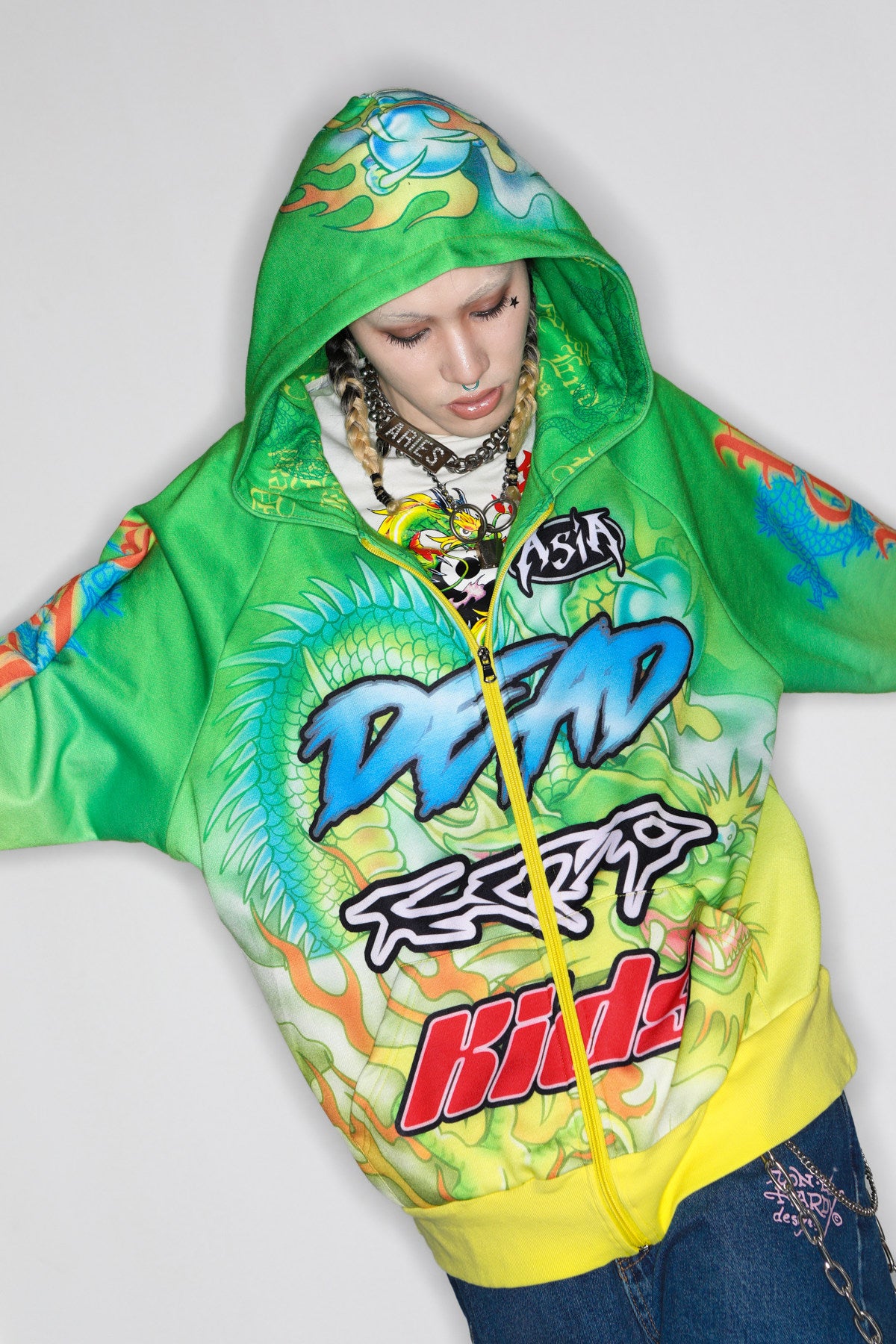 DEADENDKIDS DRAGON RIOT fleece zip hoodie — construction detail