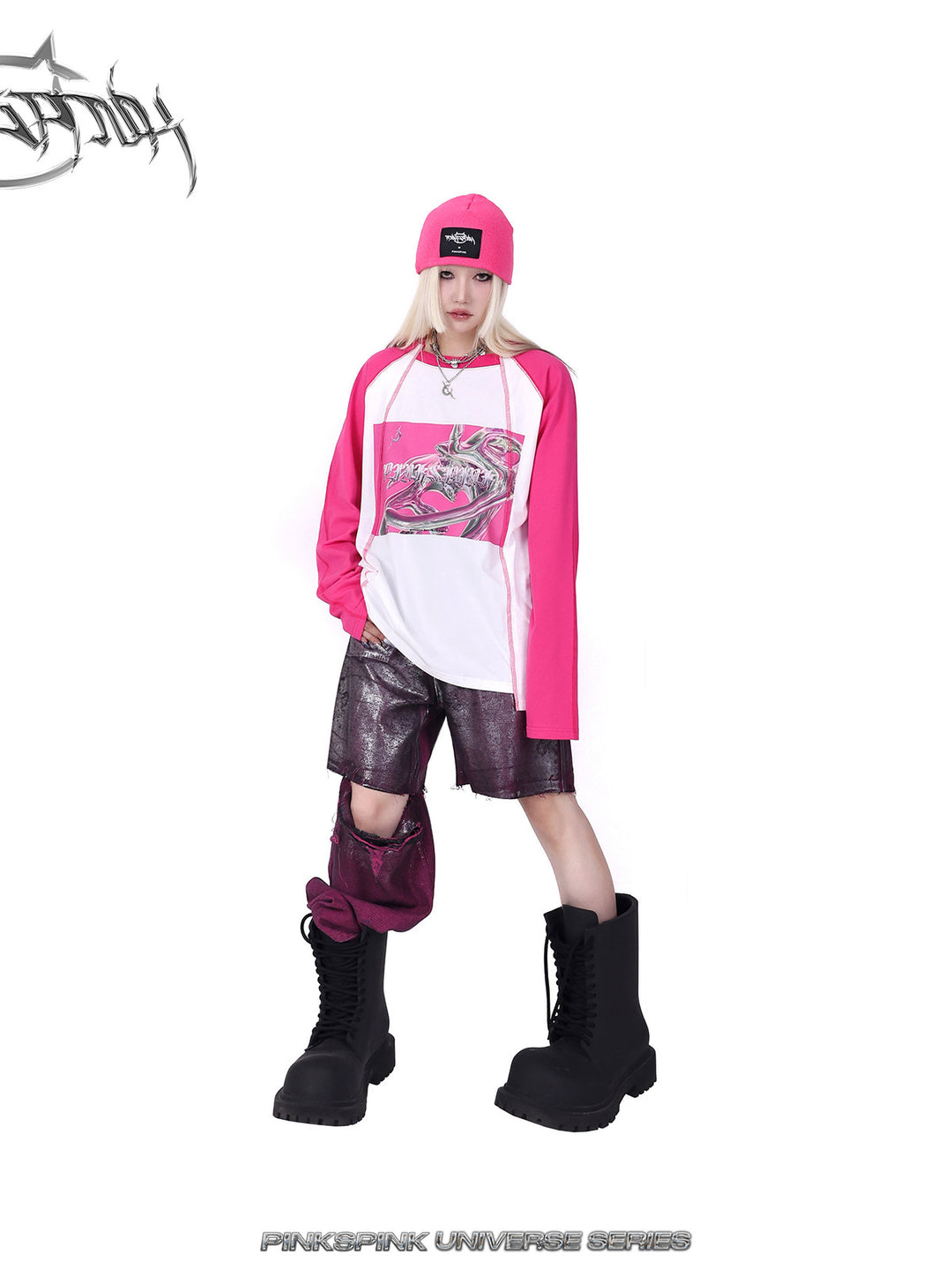 PINKSPINK GALAXY LIGHTNING logo knit beanie — close-up view of the material and finishing