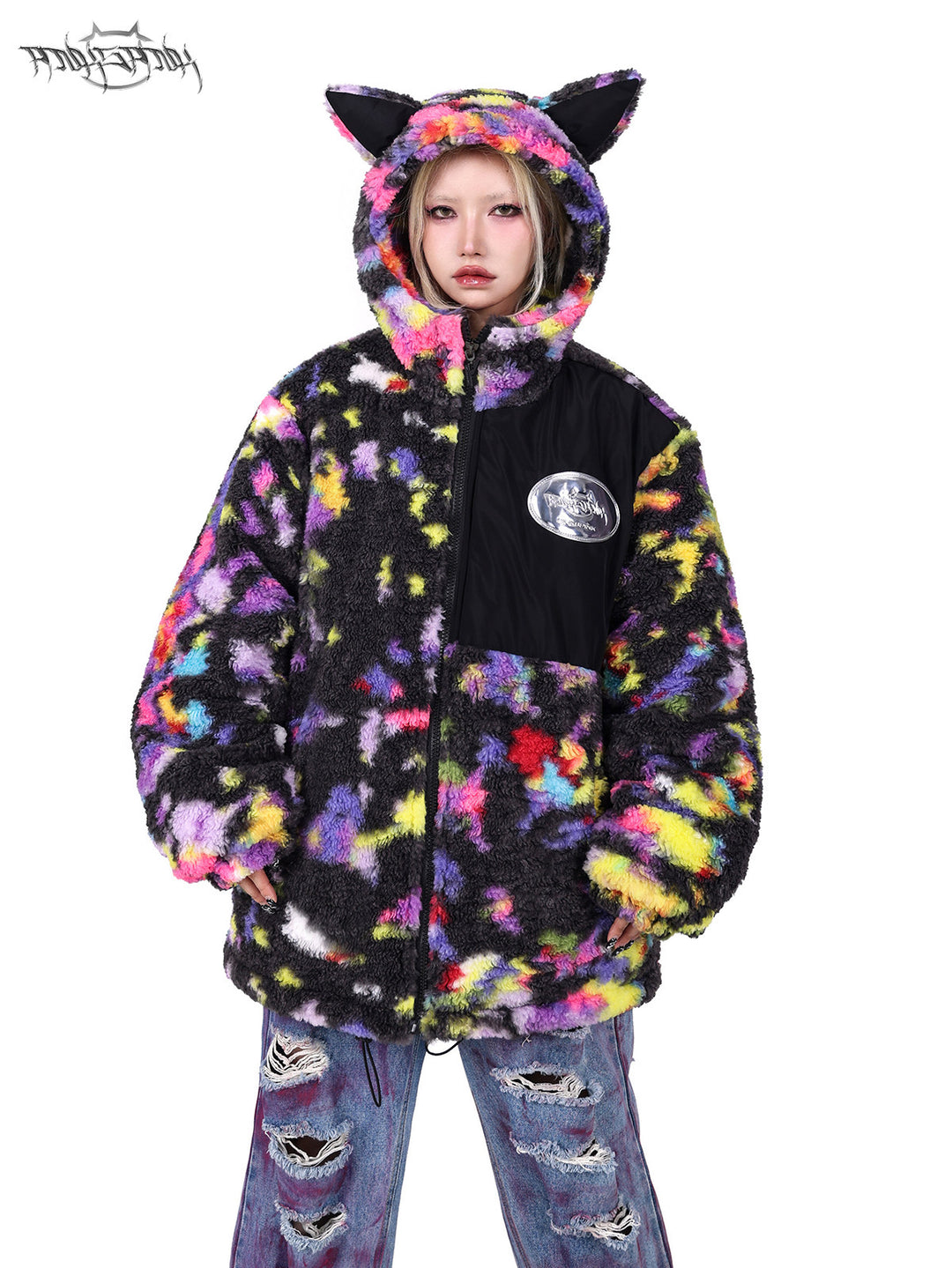 PINKSPINK SPHYNX rainbow cat-ear sherpa jacket — modeled detail view of the garment construction