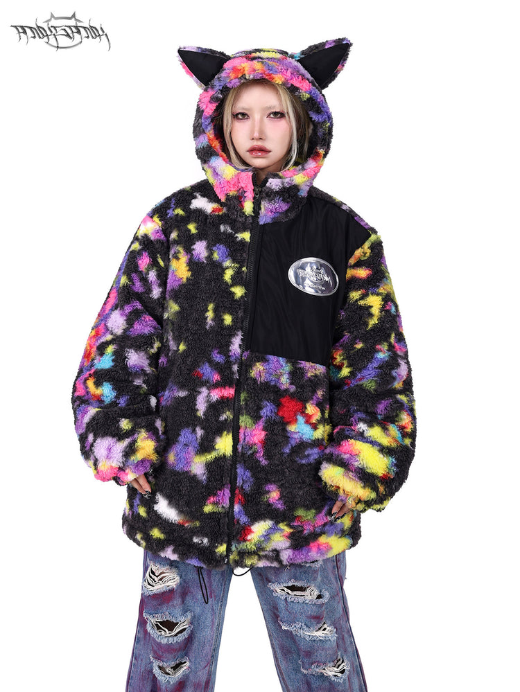 PINKSPINK SPHYNX rainbow cat-ear sherpa jacket — modeled detail view of the garment construction