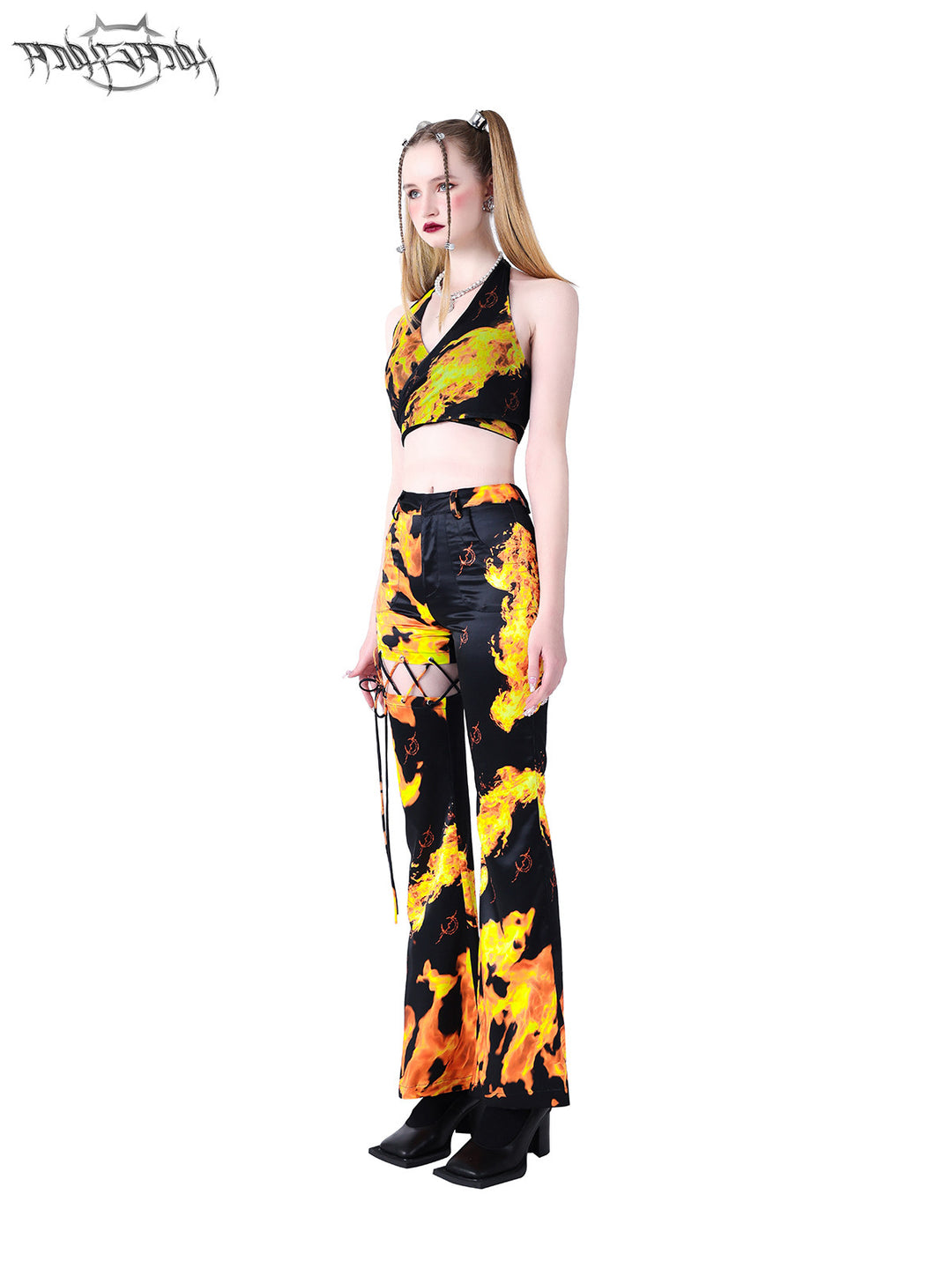 PINKSPINK FLAME halter crop top — black angled front modeled view