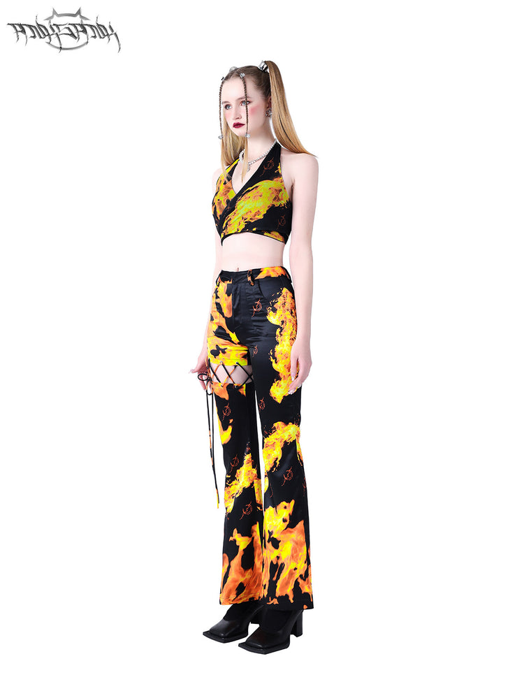 PINKSPINK FLAME halter crop top — black angled front modeled view
