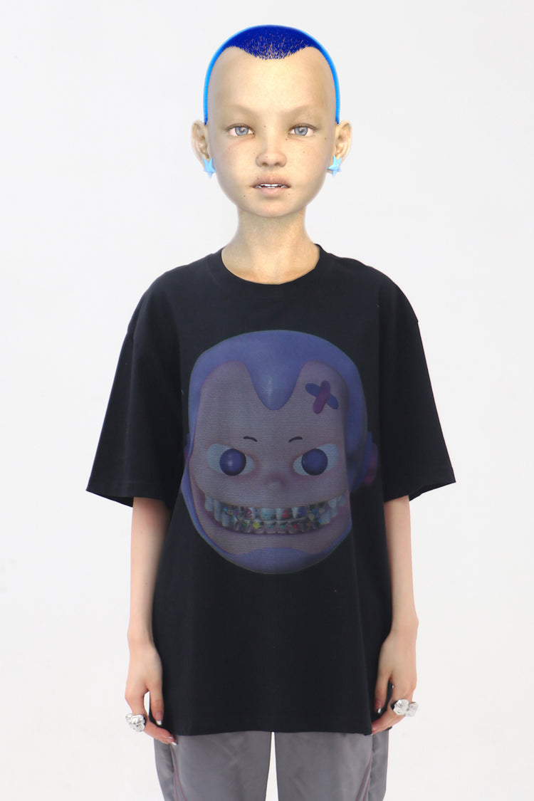 EMBRYO E23 LITTLE ONE oversized black graphic tee — rear modeled view