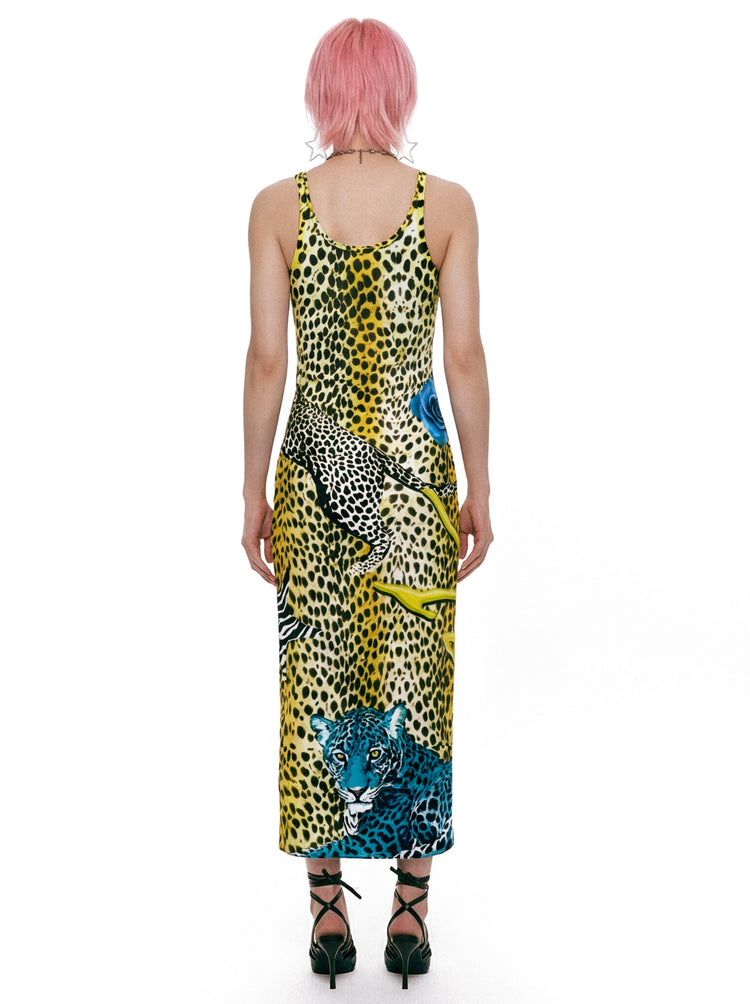DEADENDKIDS LEOPARD ROSE fitted tank maxi dress — alternate modeled angle