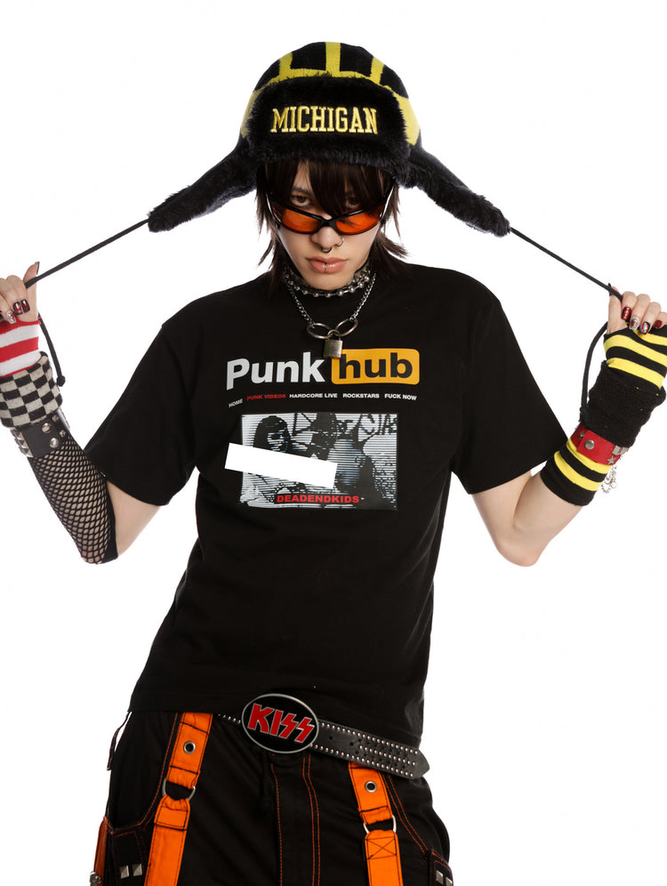 DeadEndKids PunkHub black graphic T-shirt — hat-tie gallery view