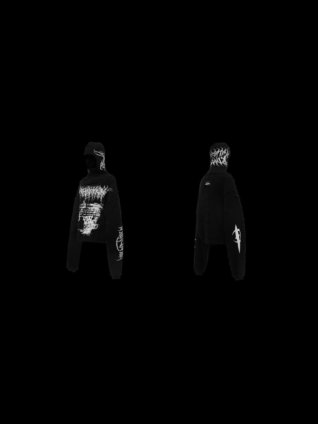 PINKSPINK THORN SIGNAL hooded graphic knit sweater — front and back garment-only views